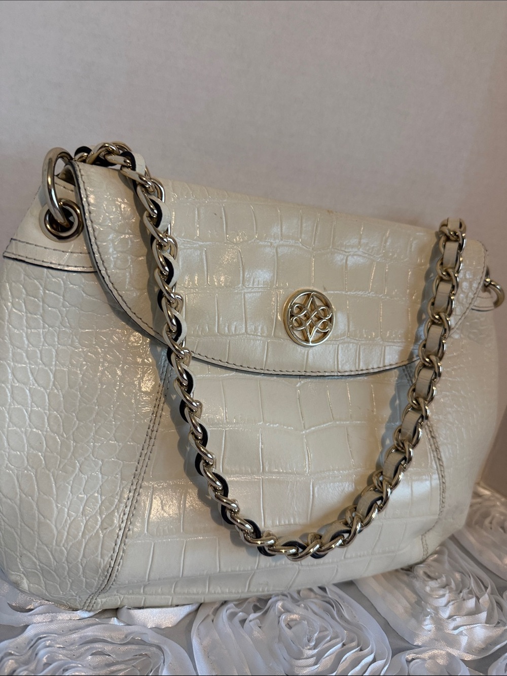 Antonio Melani Cream Alligator Print Leather Chain Bag Y2K Hobo Purse